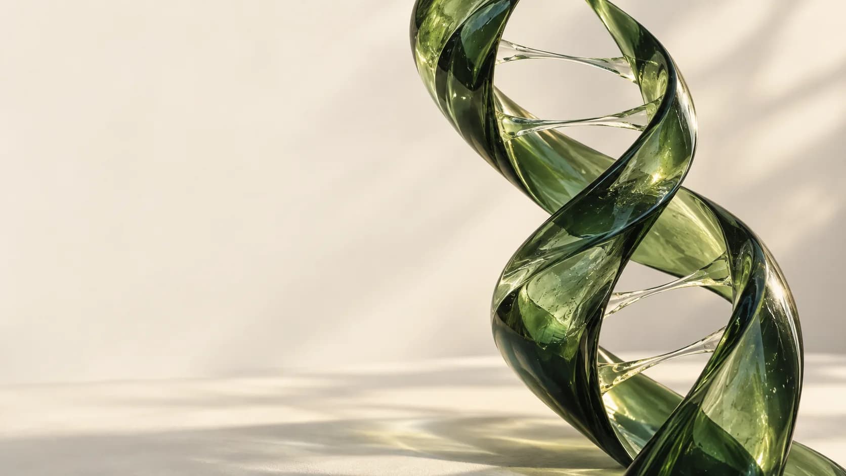 Sculptural glass helix in soft green light, an artistic interpretation of DNA